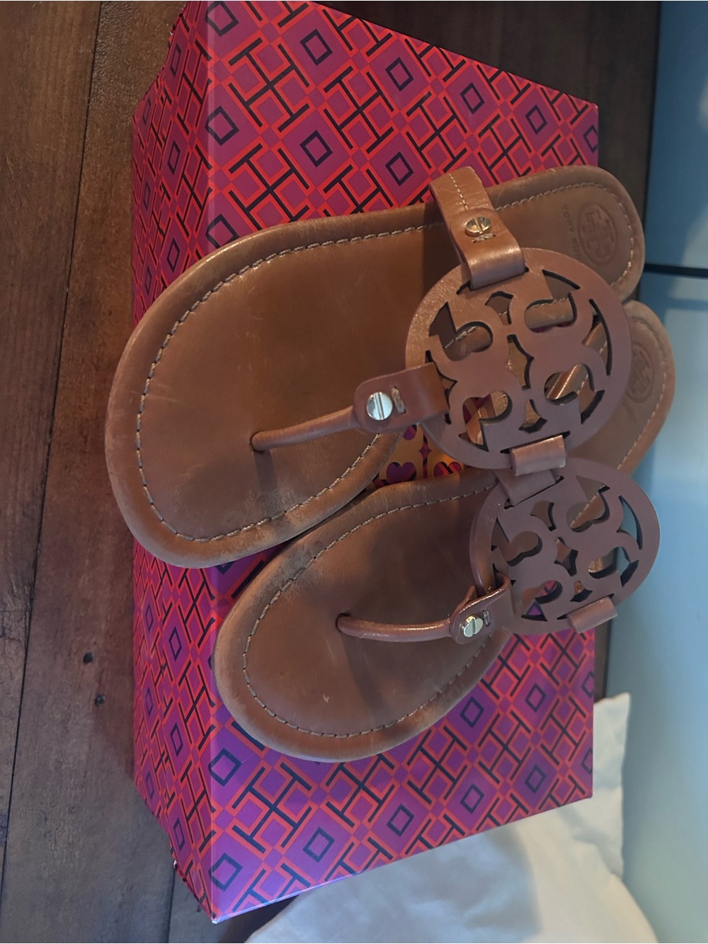 Tory Burch Brown Leather Logo Thong Sandals